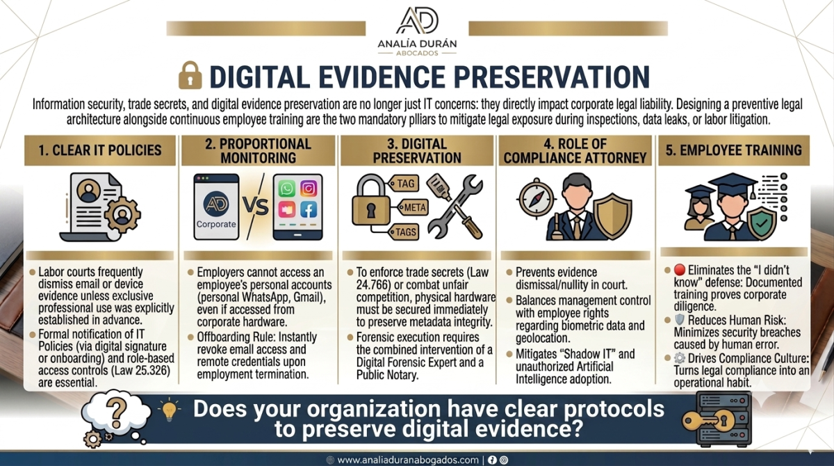 infografia solo ingles Digital evidence and preservation: is your company's data secure? Analía Durán Abogados Estudio Jurídico Laboral - Buenos Aires Digital evidence preservation